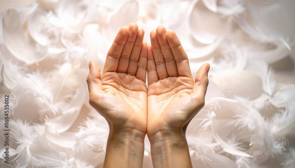 Obraz premium Open Hands Amongst White Feathers: A Symbol of Hope and Purity