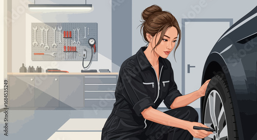 Tire inspection performed by an expert female mechanic in garage setting