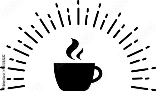 Graphic Icon of Steaming Hot Coffee Cup with Sunburst Effect