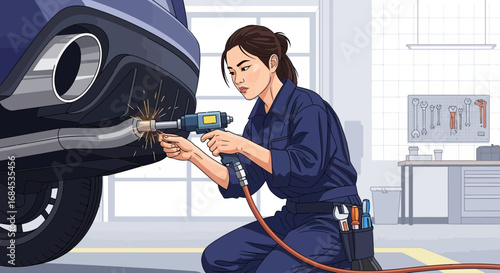 Asian Mechanic Repairing Exhaust System, Sparks Flying, Automotive Maintenance