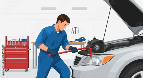 Auto Mechanic Working on Car Repair in Garage With Open Hood Illustration