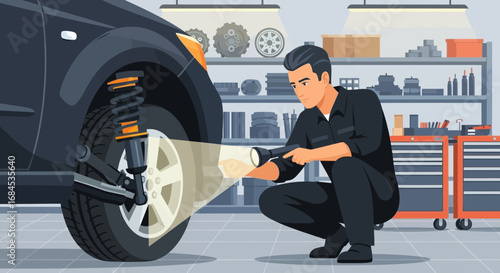 Automotive expert inspecting vehicle suspension with flashlight in garage
