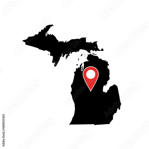 Michigan state map with central location pin depicting destination or marker point
