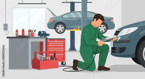 Automotive mechanic applies sealant to car headlight in repair garage