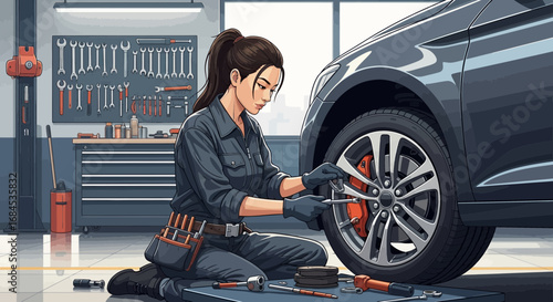 Automotive mechanic working on a car tire inside garage workshop