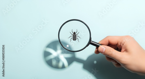 Hand holding magnifying glass, examining a small insect, on a light blue background, for science or pest control