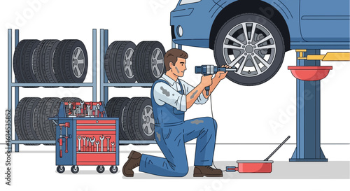 Automotive repair scenario displaying a mechanic skillfully changing tires