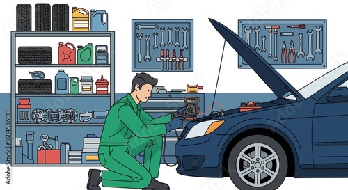 Automotive technician performing diagnostics on a vehicle in repair shop