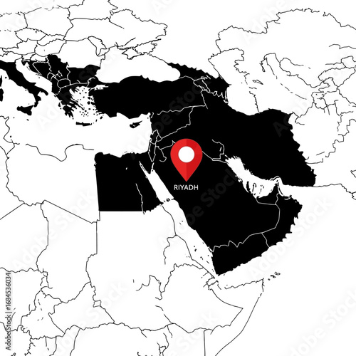 Geopolitical map focused on the Middle East, highlighting Riyadh's central location with a marker