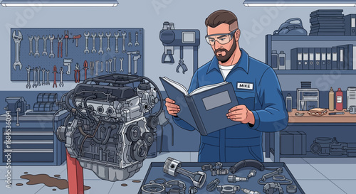 Automotive technician repairing an engine in a workshop following instructions