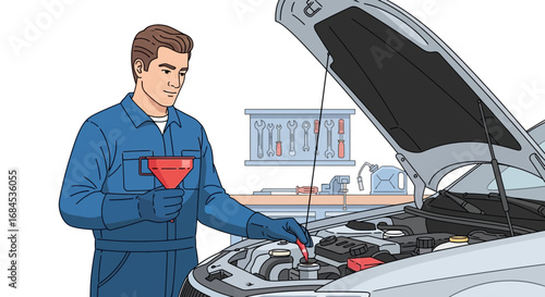 Automotive technician servicing car, performing maintenance operation routine