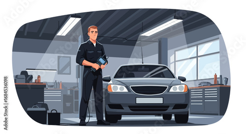 Car mechanic expert diagnosing vehicle with scanner in automotive garage