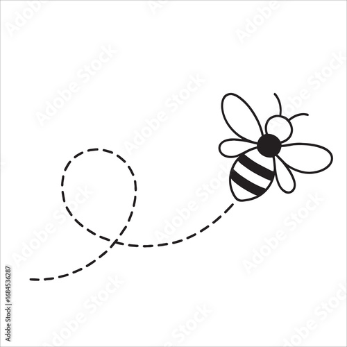 Cute Bee Flying Along Dotted Line Path: Insect Pollination and Vector Icon