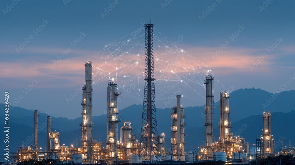 Obraz premium Modern Industrial Complex at Dusk with Illuminated Towers and Network Nodes Representing Connectivity and Technology in Manufacturing Sector