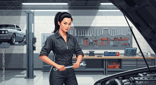 Confident woman mechanic in auto repair shop fixing a vehicle engine
