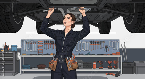 Dedicated woman automobile mechanic repairs a car in her automotive workshop