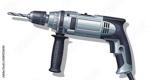 Detailed Illustration of a Power Drill with Auxiliary Handle on White Background