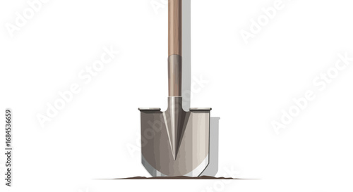 Detailed illustration of an antique shovel resting in the soil, ready to use