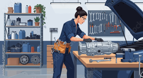Empowered female mechanic repairs transmission in an automotive workshop scene