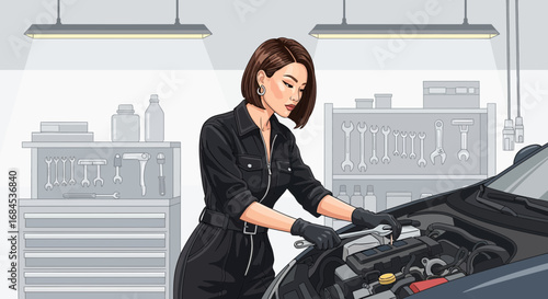 Empowered technician repairs car engine in organized professional auto shop