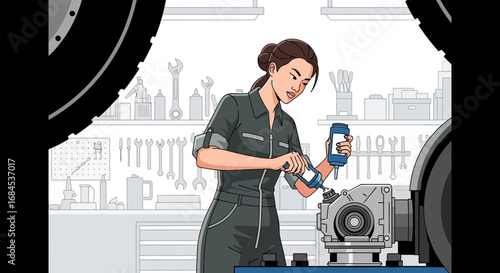 Female Mechanic Maintaining Car Components in a Workshop Setting