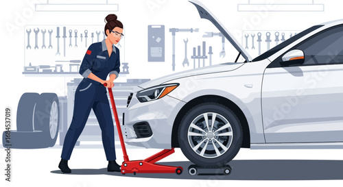 Female mechanic lifting a vehicle with hydraulic jack in garage illustration