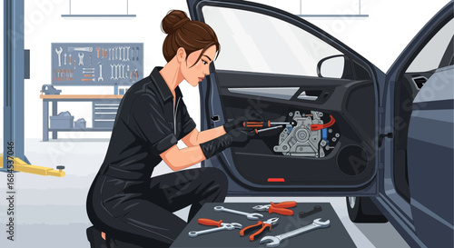 Female mechanic meticulously repairs a car door panel in auto shop