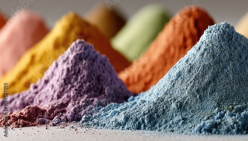 Close-up of colorful powder piles