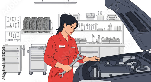Female mechanic repairing a car in a garage, automotive services
