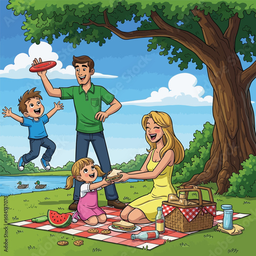 Happy family enjoying a picnic in the park with a lake on a summer day