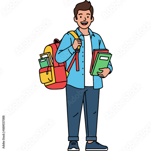 Lively cartoon illustration of a smiling student with a backpack and books: perfect for use in online courses, school websites, education infographics or banners.