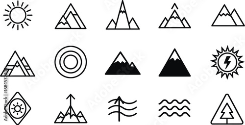 Mountain and nature vector icon set for outdoor adventure design