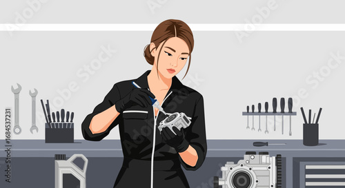 Focused female mechanic meticulously applying sealant to automotive part