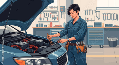 Focused female mechanic troubleshooting engine in an auto repair shop