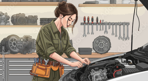 Focused female mechanic repairing a car engine in her well-equipped garage