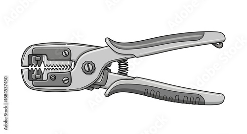 Illustrated wire stripper tool with ergonomic handles and spring mechanism