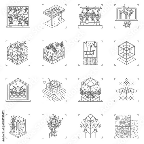 A versatile collection of outline isometric icons showcasing modern urban gardening, sustainable agriculture, and innovative plant cultivation methods.