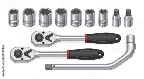 Illustration featuring a collection of socket wrenches and related accessories