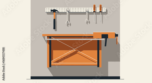 Illustration of a carpentry workbench setup with tools hanging on the wall