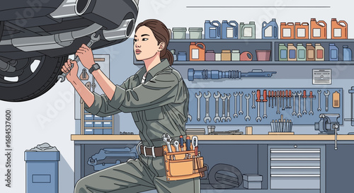 Illustration of a focused female mechanic fixing a car in her workshop