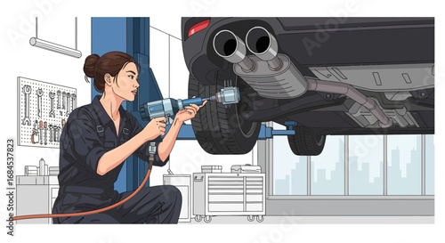 Illustration of skilled woman mechanic repairing a vehicle in automotive shop