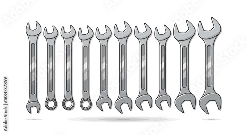 Illustration of gradient gray open end wrenches for turning nuts and bolts