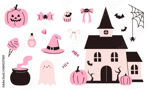 Set of Pink Halloween Elements with Spooky House.
