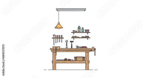 Illustration of a well organized workspace with various tools displayed