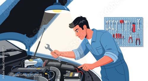 Illustrative Depiction of a Mechanic Repairing a Car Engine Under Garage Lighting