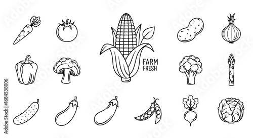 Line art illustration showcasing an assortment of fresh farm vegetables promoting healthy eating