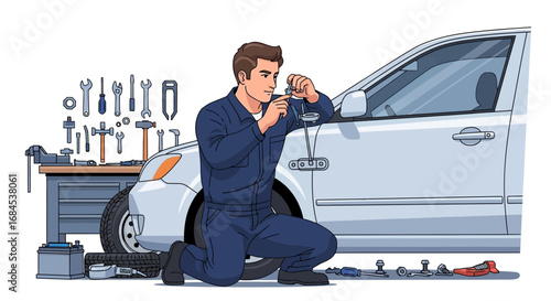 Mechanic skillfully fitting rearview mirror to automobile in repair shop