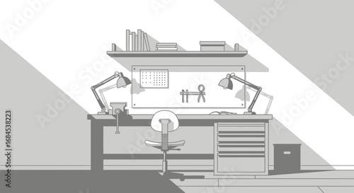 Monochromatic Craftsman's Workspace with Desk, Tools, and Natural Light