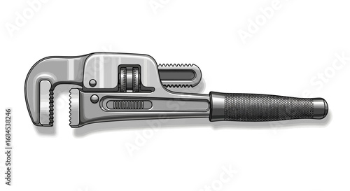 Monochrome Illustration of an Adjustable Pipe Wrench Isolated on White Surface