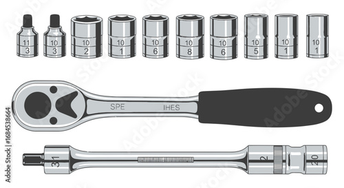 Ratchet with Socket Set and Extension Tools Illustrative Close-Up View